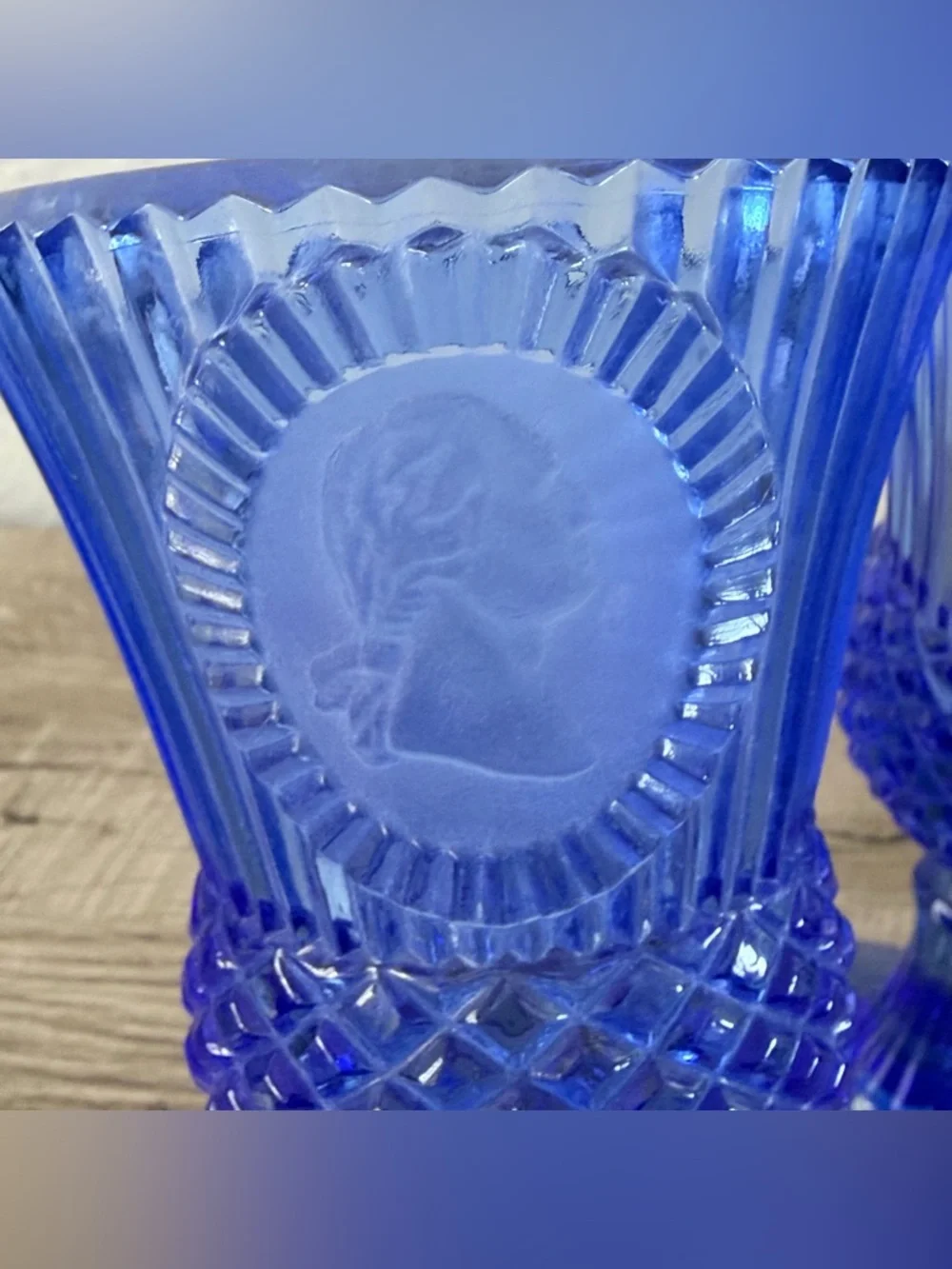 Avon Fostoria George and Martha Washington Glasses Blue Cobalt Goblets 8” tall